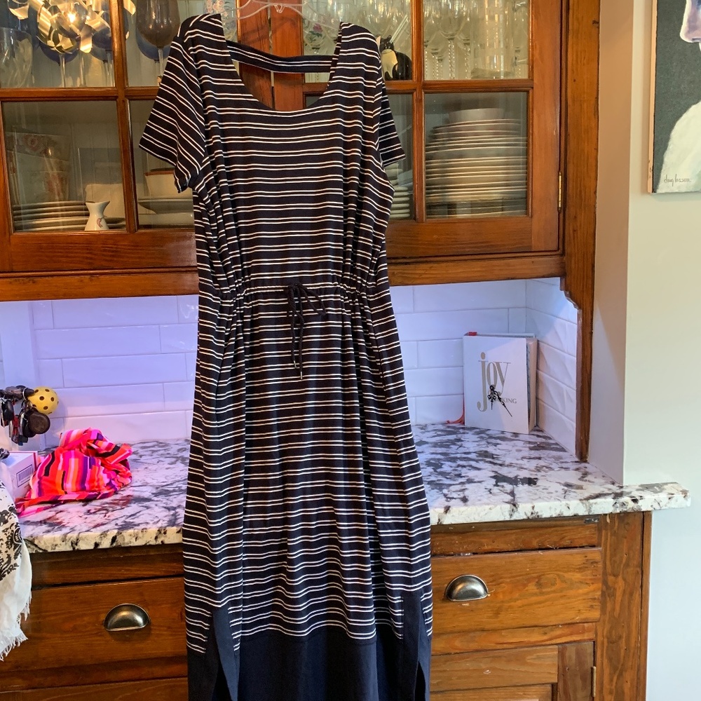 Talbots Black and White Striped Maxi Dress with Drawstring Waist